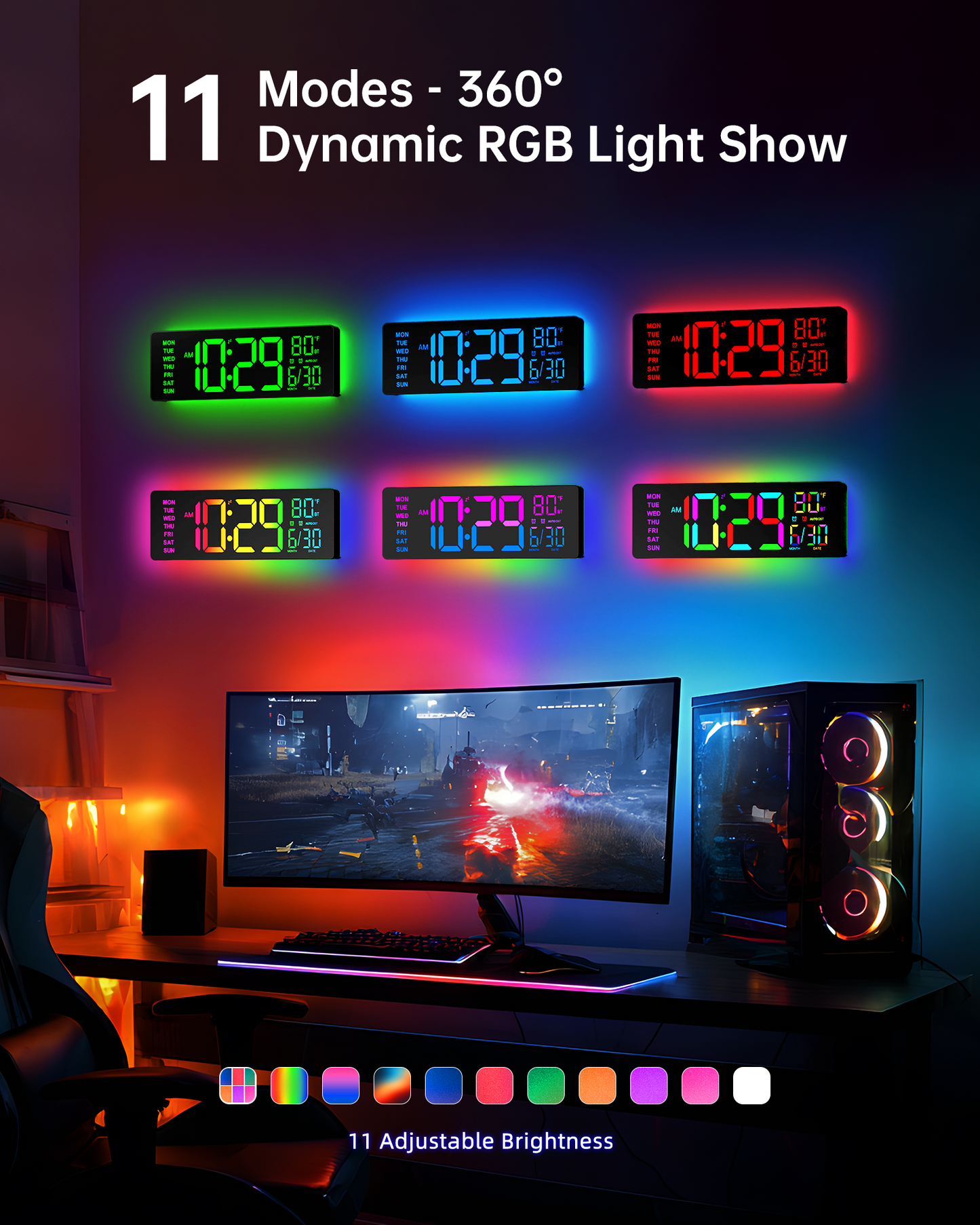 12" Digital Wall Clock for Classroom Livingroom Game Home Decor with LED Display RGB Lights