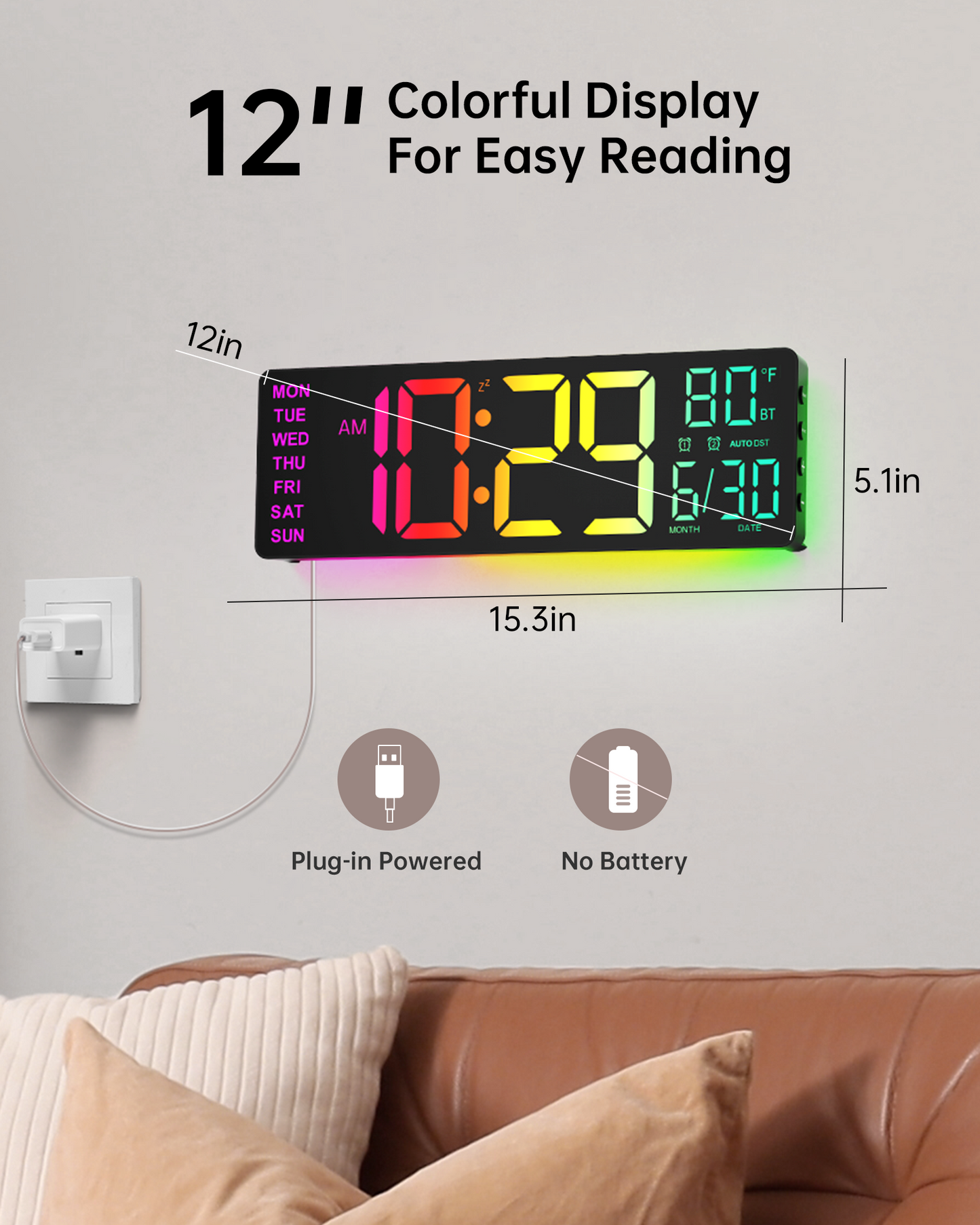 12" Digital Wall Clock for Classroom Livingroom Game Home Decor with LED Display RGB Lights