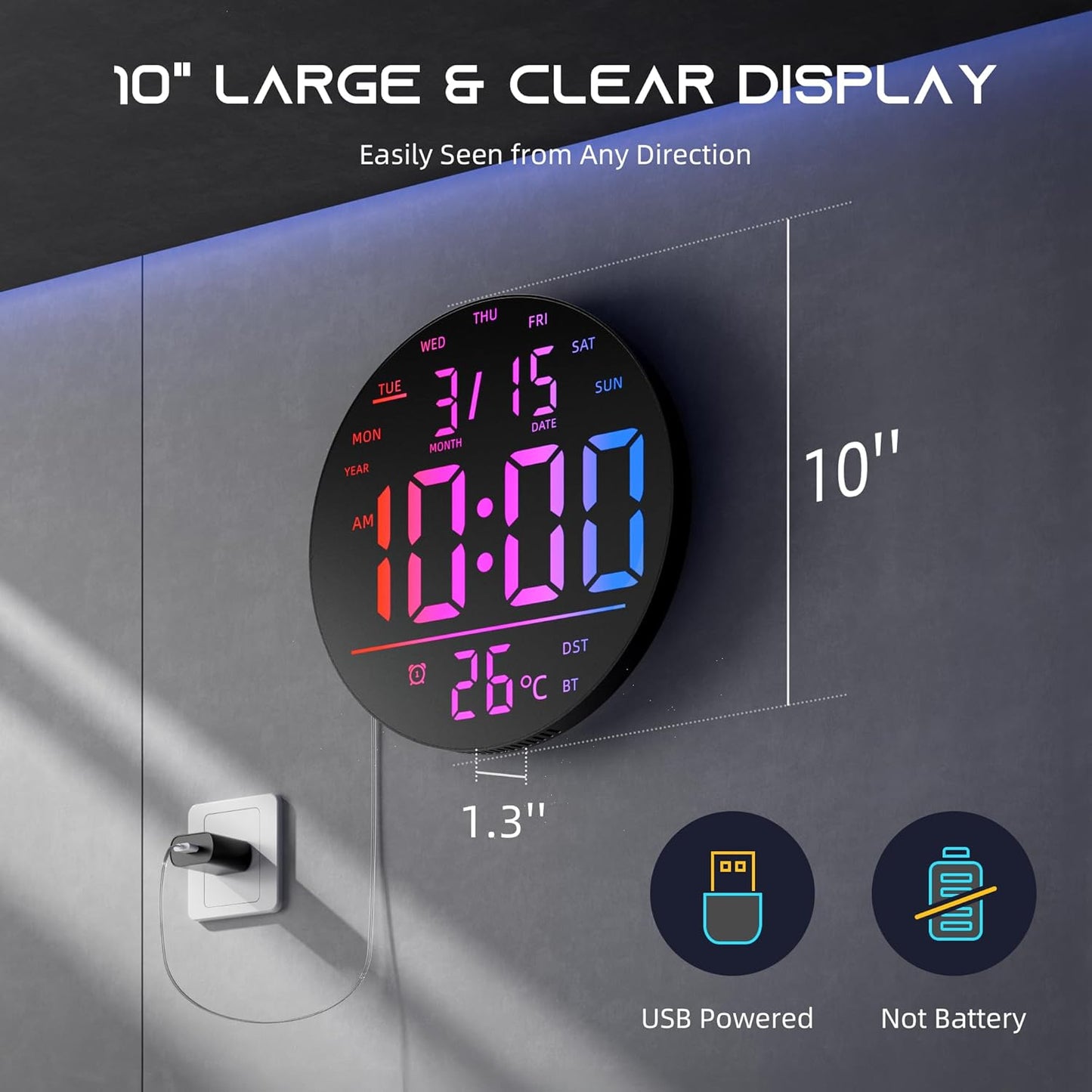 10" Large Digital Wall Clock with Remote Control