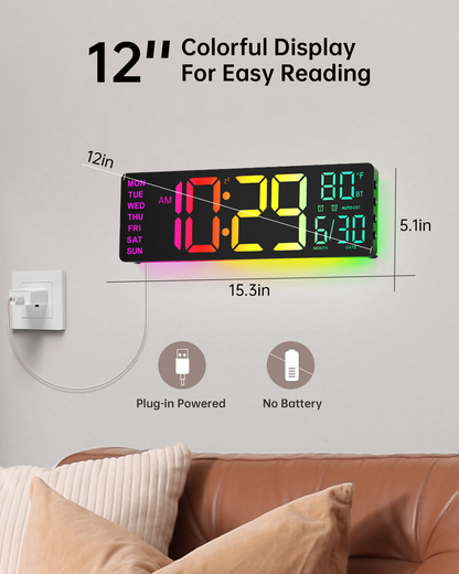 12" Digital Wall Clock for Classroom Livingroom Game Home Decor with LED Display RGB Lights