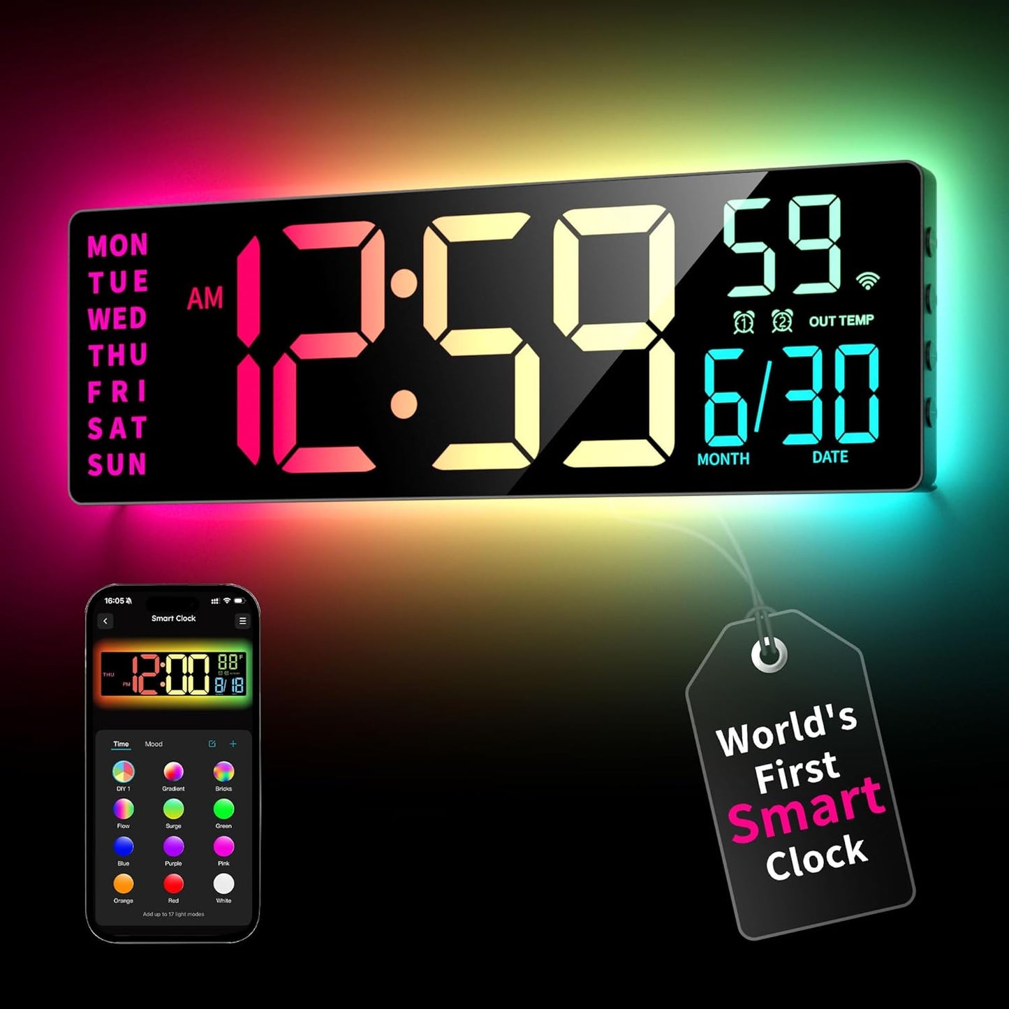 EASYERA 16.5” Large Smart Digital Wall Clock with App Control AC-WC165S