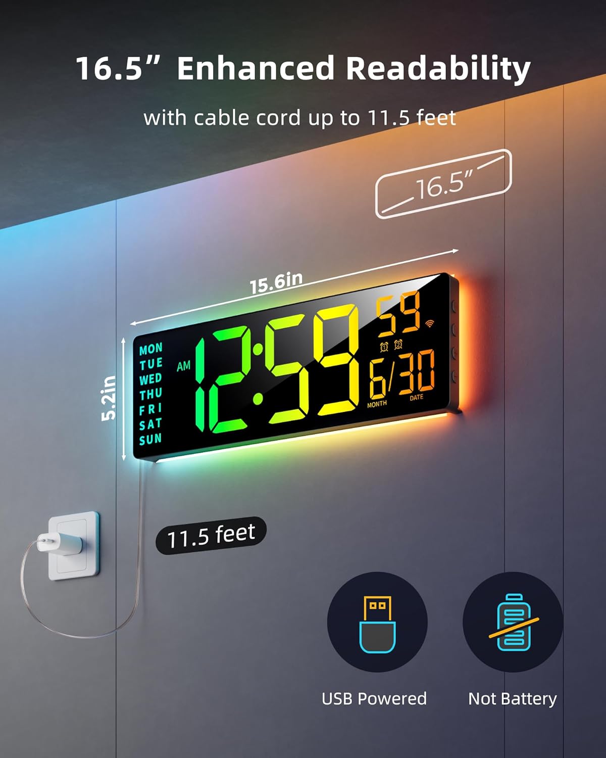 EASYERA 16.5” Large Smart Digital Wall Clock with App Control AC-WC165S