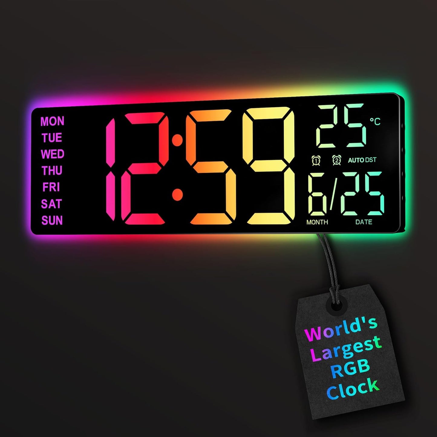 Digital Wall Clock 16.5" with Remote, 11 RGB Lights, Bluetooth Sync, Auto DST, Auto Dimmer, Dual Alarms, 12/24H, Temperature, Countdown, Night Light, Large Digital Clock, for Living Room, Gaming, gym